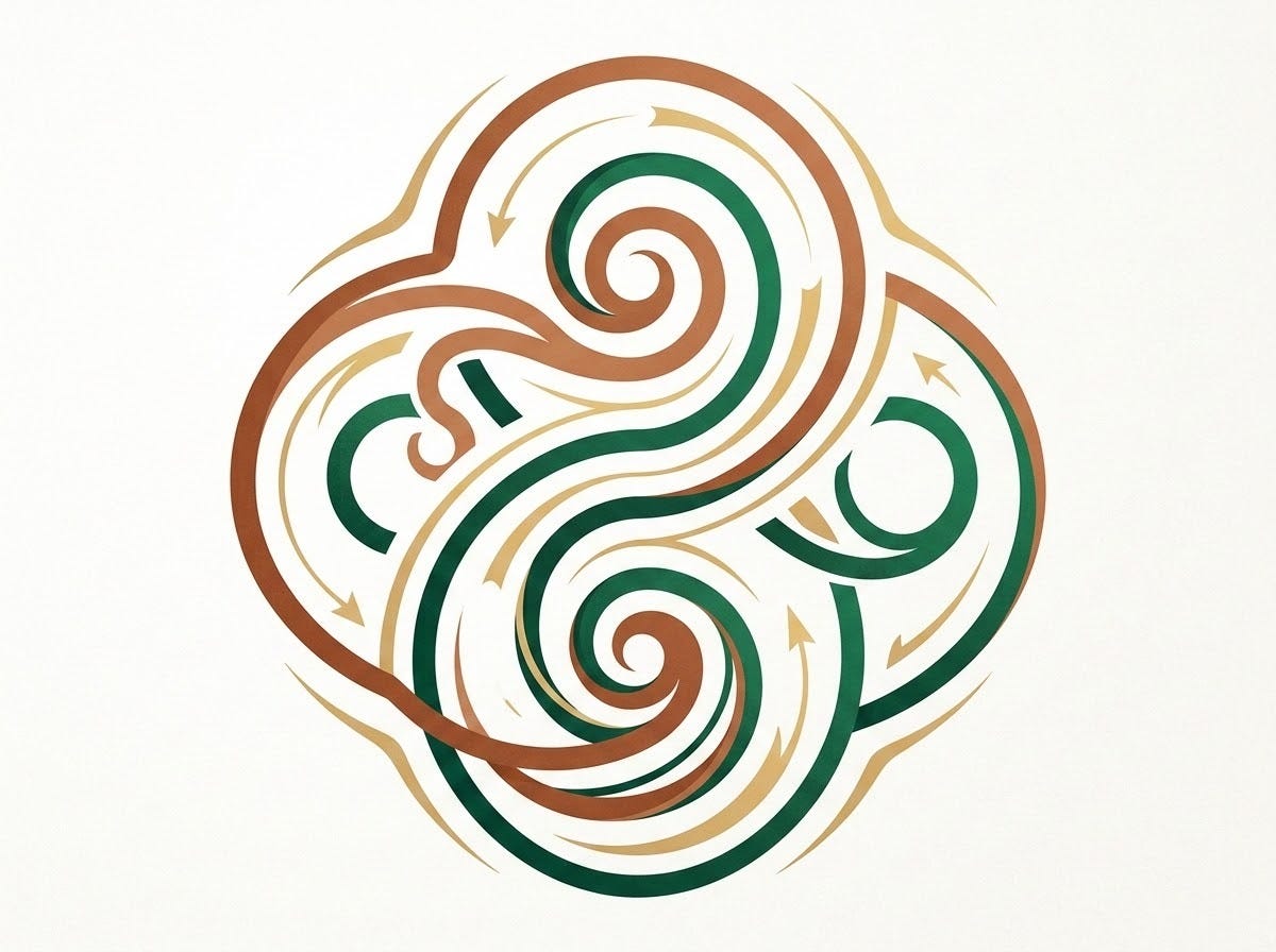 An abstract, elegant artwork representing the Spiral Economy. Intertwining, harmonious spiraling lines and flowing currents of warm terracotta brown, deep emerald green, and soft gold interconnect and circulate upward and outward in a balanced, continuous cycle. The design symbolizes scale, circulation, capacity, and interconnected systems growing and returning strength to their base, set against a subtle, clean off-white background. An abstract, elegant artwork representing the Spiral Economy. Intertwining, harmonious spiraling lines and flowing currents of warm terracotta brown, deep emerald green, and soft gold interconnect and circulate upward and outward in a balanced, continuous cycle. The design symbolizes scale, circulation, capacity, and interconnected systems growing and returning strength to their base, set against a subtle, clean off-white background.