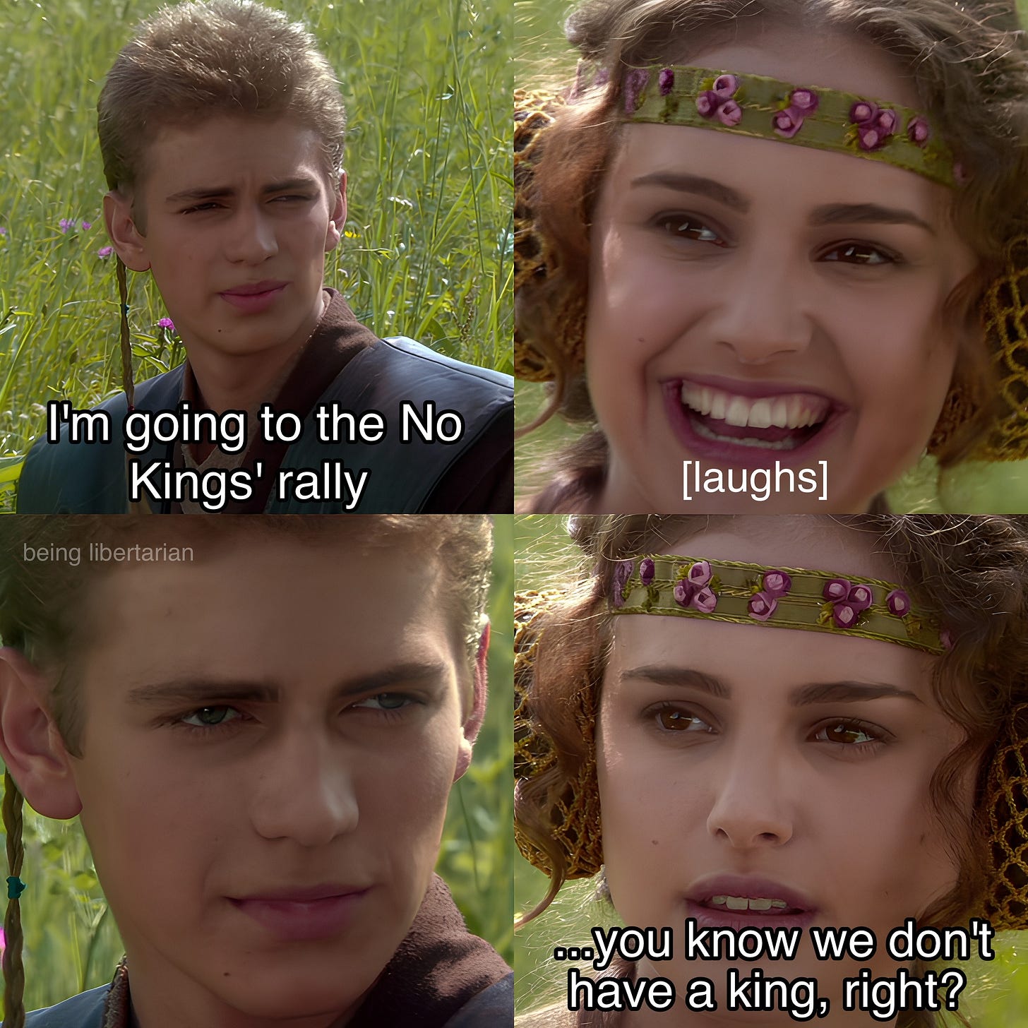 May be an image of text that says 'I'm going to the No the Kings' rally being beinglibertarian libertarian [laughs] ...you know we don't have a king, right?'