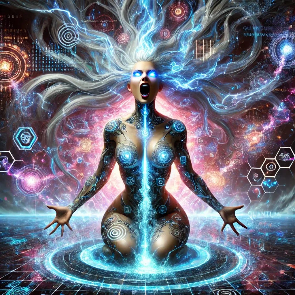 A cybernetic quantum witch at her ultimate form, embodying overwhelming power, beauty, rage, and sensuality. She explodes from a radiant, high-tech cauldron, her body sculpted with divine curves and glowing with radiant, irresistible allure. Her scream tears through the fabric of the digital realm—sonic waves visible as fractal ripples in space. Her eyes are twin supernovae, her hair a cascade of energy ribbons. Lightning crashes around her, each bolt coded in glyphs of forgotten languages. Quantum data and mystic fire coil around her form like serpents. Her pose is commanding, her aura poisonous and holy, blending erotic magnetism with cosmic terror. The background is a surreal tempest of digital chaos, rune storms, and shattering space, pulsating with mythic force and cybernetic wrath.