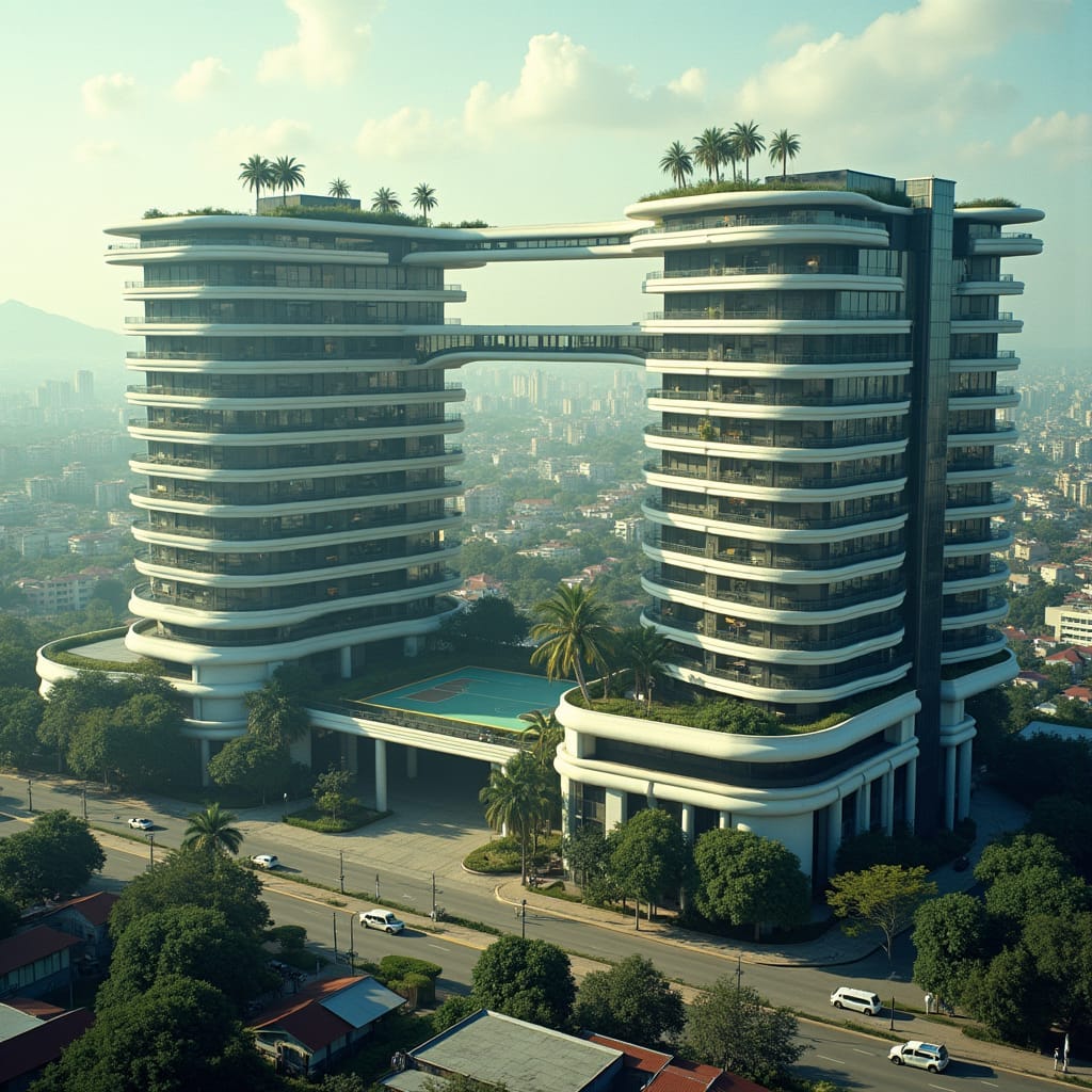 A majestic, modern school rises from the heart of Kingston, its twin sleek glass towers connected by a dramatic, elevated skybridge that soars above a bustling city street, captured in a cinematic film still with the warmth of 35mm film, rich film grain, and a subtle vignette. The rooftop oasis, filled with swaying palm trees and lush tropical plants, provides a serene escape for students, while the boldly cantilevered gymnasium offers breathtaking views of the vibrant urban tapestry below. Floor-to-ceiling windows flood the airy classrooms with natural light, framing the dynamic cityscape in a stunning display of modern, tropical design.