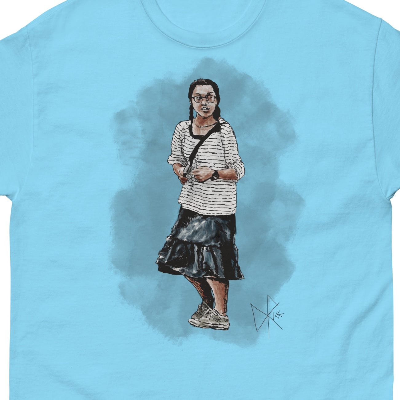 A girl with glasses and her hair in pigtails waiting at a bus stop. Sketch art by Don Rice. A girl with glasses and her hair in pigtails waiting at a bus stop. Sketch art by Don Rice.