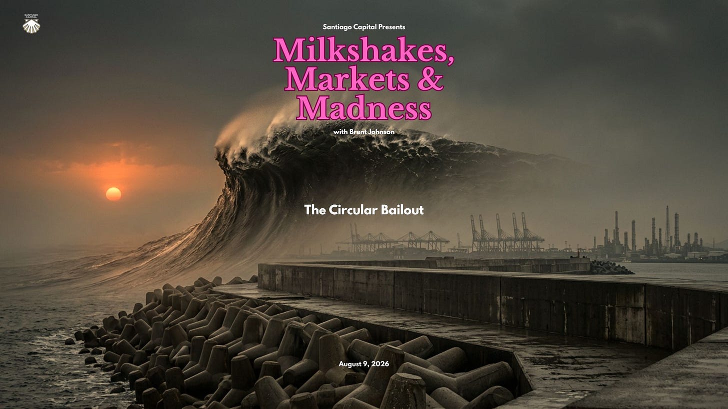 Santiago Capital Milkshakes Markets and Madness Circular Bailout event poster with massive wave Santiago Capital Milkshakes Markets and Madness Circular Bailout event poster with massive wave