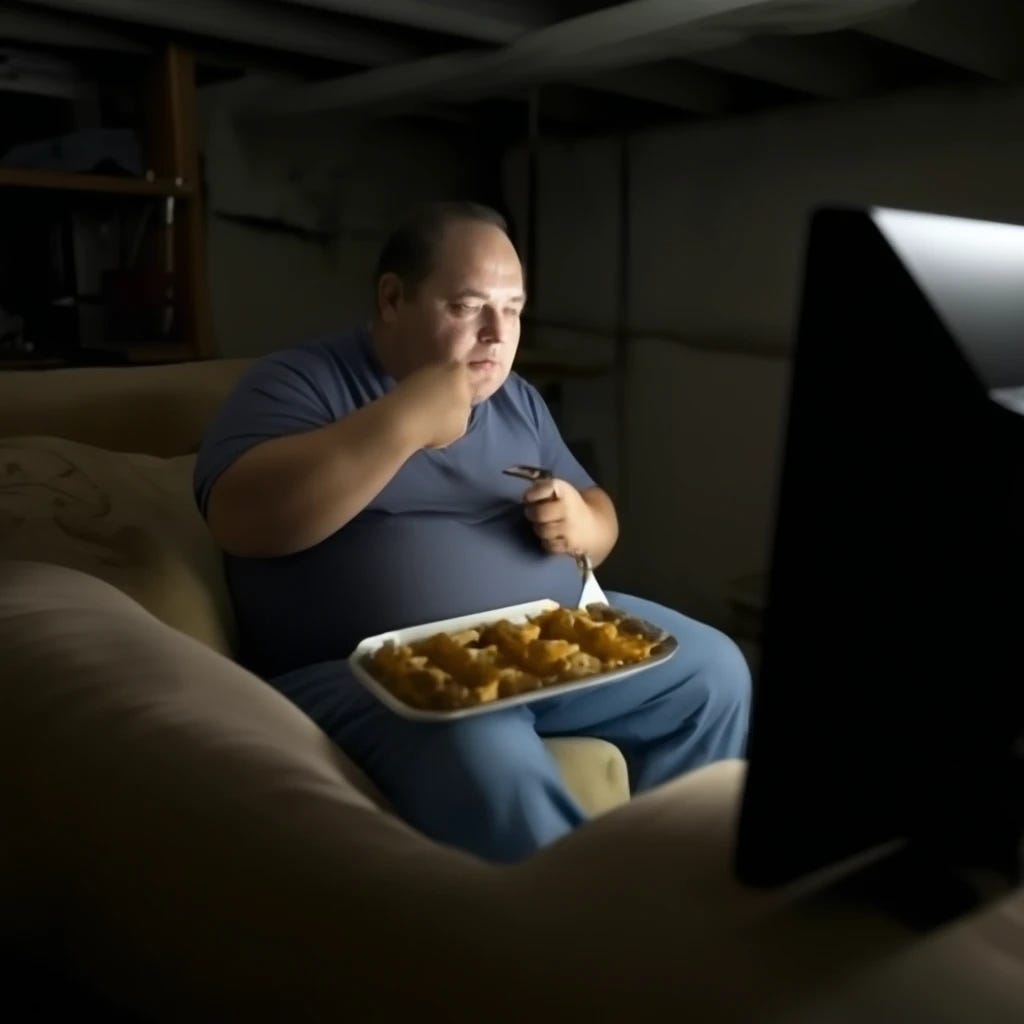 overweight middle aged man eating tv dinners off of tray watching tv in basement