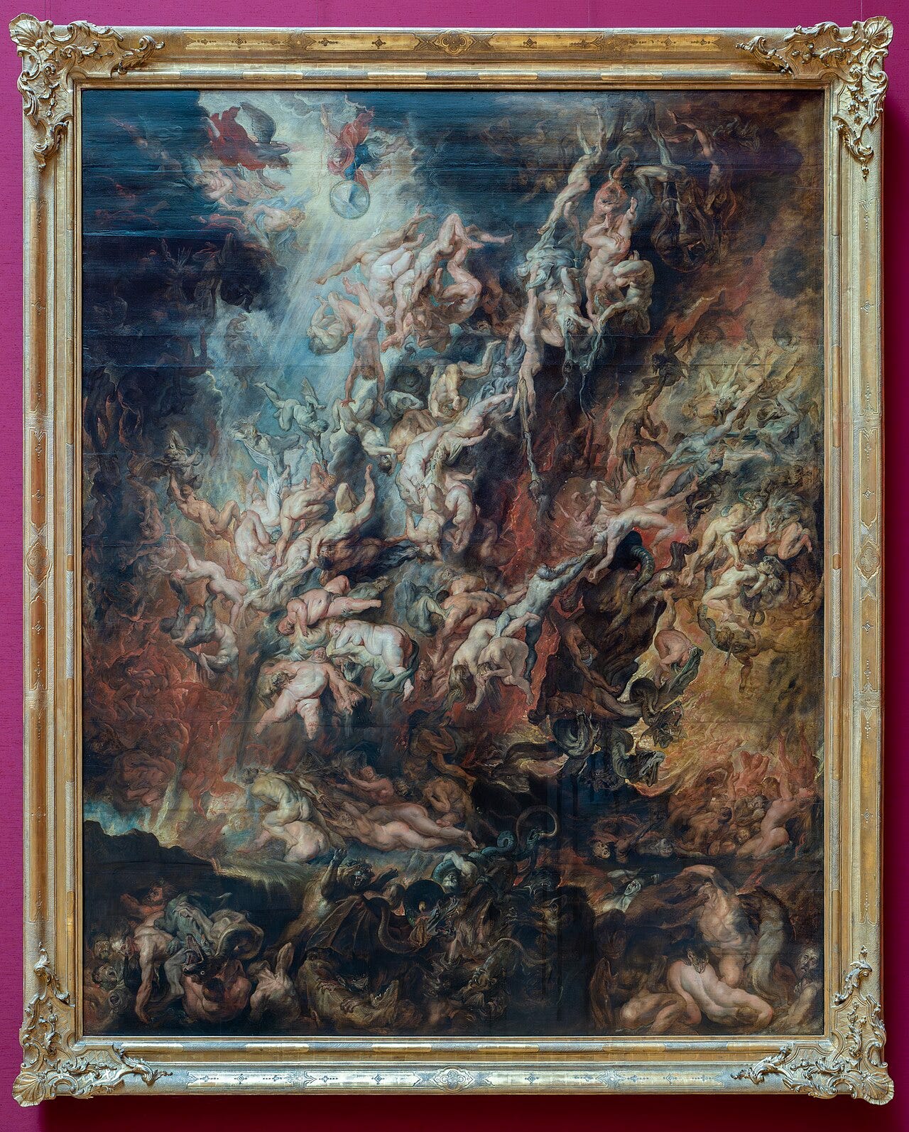 A churning mass of muscular rebel angels is hurled down from heaven into darkness A churning mass of muscular rebel angels is hurled down from heaven into darkness