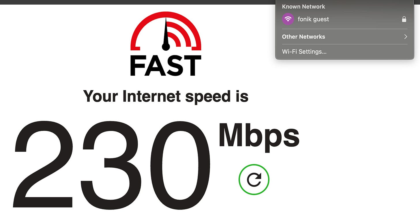 fonik’s internet speed tested 230 Mbps (on fast.com)