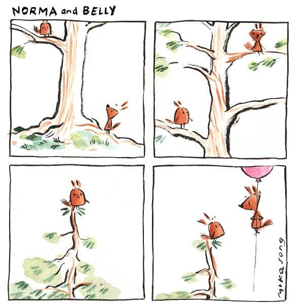 Belly the small round squirrel is standing on a tree branch while Norma the tall triangular squirrel is on the ground. Norma climbs to a higher branch than Belly, so Belly climbs to the top. Norma floats above her with a balloon!