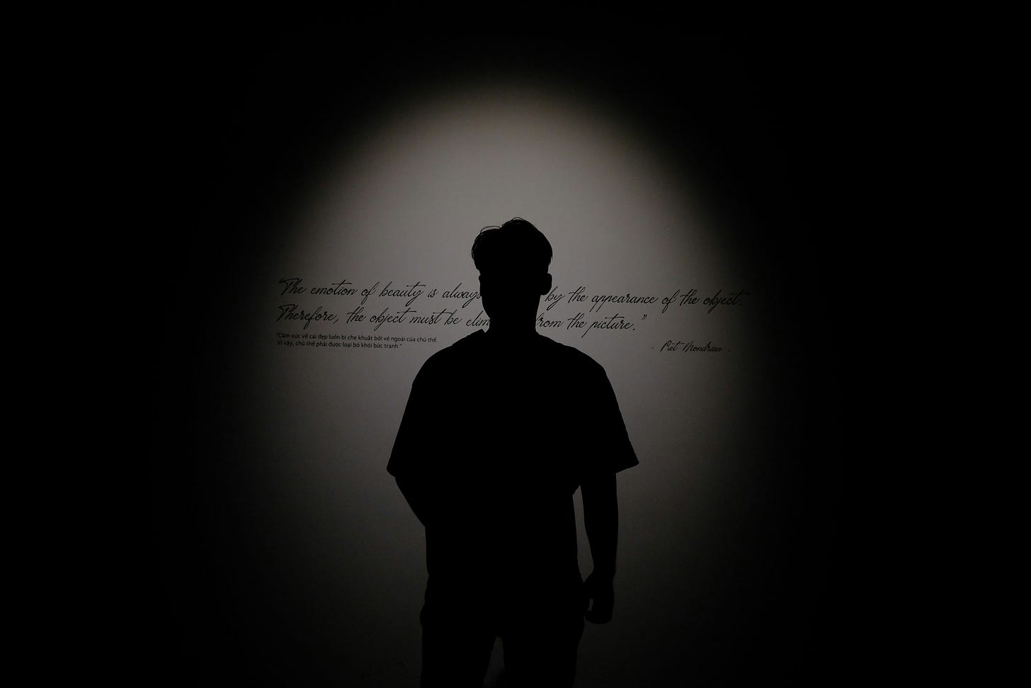 The silhouette of a person standing alone in a dark gallery space, illuminated by a single spotlight, facing a wall inscribed with a Piet Mondrian quote about emotion and appearance, evoking the experience of standing before creative work in private before it enters the world.