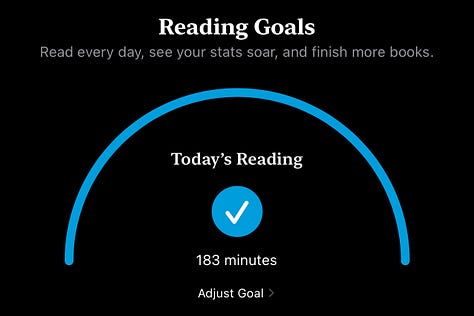 screenshots of the Apple Books app showing the amount of reading I've done each day