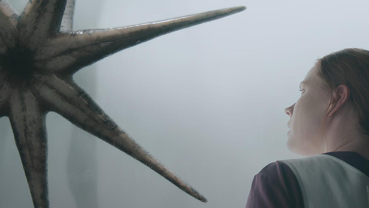 A woman seen in profile looks toward a large alien limb visible through misty glass on the left. Film still from Arrival (2016).