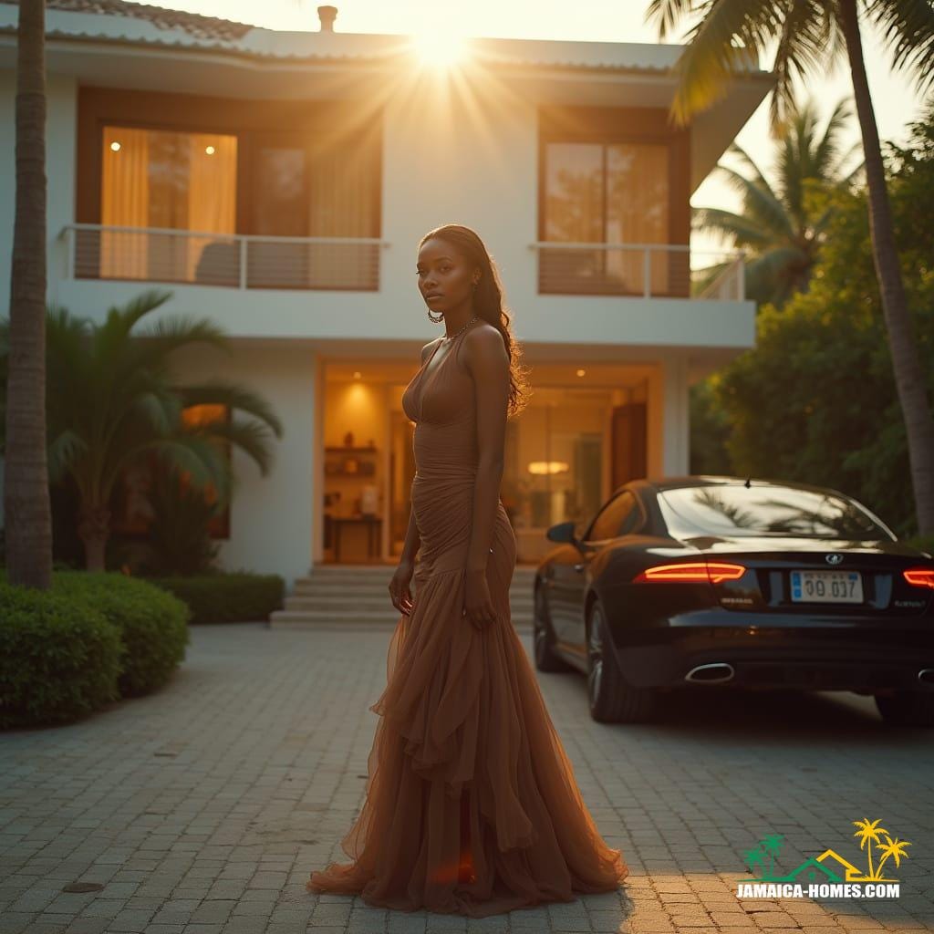 A stunning single woman with elegant attire, standing confidently in front of a sleek, modern home in Kingston, Jamaica, Caribbean, with a luxurious car parked beside her, bathed in warm, golden cinematic lighting, evoking a sense of tranquility and sophistication. Inspired by the styles of legendary cinematographers Emmanuel Lubezki and Roger Deakins, with a touch of Terrence Malick's poetic realism, captured in 35mm film aesthetic, with subtle film grain, vignette, and meticulous color grading, transporting the viewer to a world of atmospheric serenity, reminiscent of a masterpiece by the great filmmakers of our time.