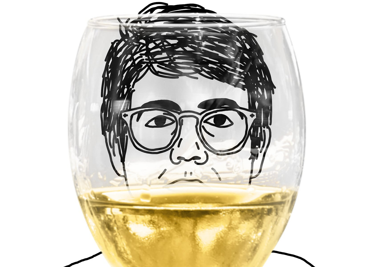 A black line drawing of Alex, the protagonist of "I Hear You Watching." He is white, short messy parted hair, glasses. He stares straight at you, unsmiling. A glass of white wine is in the foreground in front of Alex’s face, large enough in the image that his head appears trapped inside, the wine up under his nose.