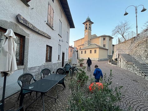 Top L to R: starting at piazza San Martino in Lemna, frost on the trail up, hiking and friends, antipasti e vino, stinco secondo, Coco licking the remains of my pizzocheri plate, homemade cakes for dolce, and the walk down at sunset,