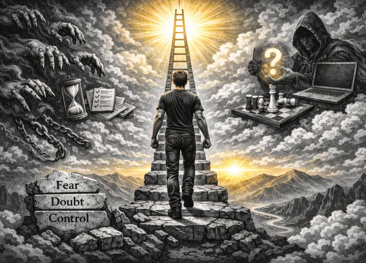 A lone man climbs stone steps toward a ladder rising into radiant light, while clawing shadows, chains, an hourglass, checklists, a chessboard, a warning screen, and a glowing question mark surround him; beside him, stones read “Fear,” “Doubt,” and “Control.” A lone man climbs stone steps toward a ladder rising into radiant light, while clawing shadows, chains, an hourglass, checklists, a chessboard, a warning screen, and a glowing question mark surround him; beside him, stones read “Fear,” “Doubt,” and “Control.”