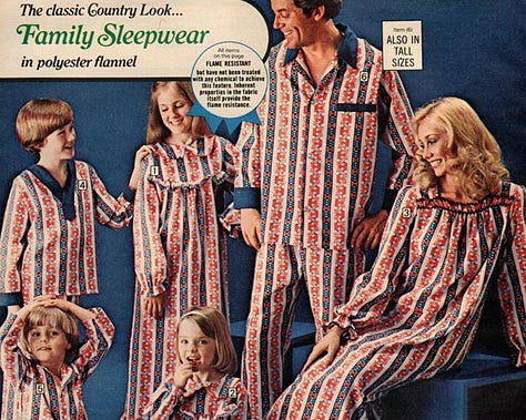 1970s families wearing matching Christmas pajamas in garish patterns