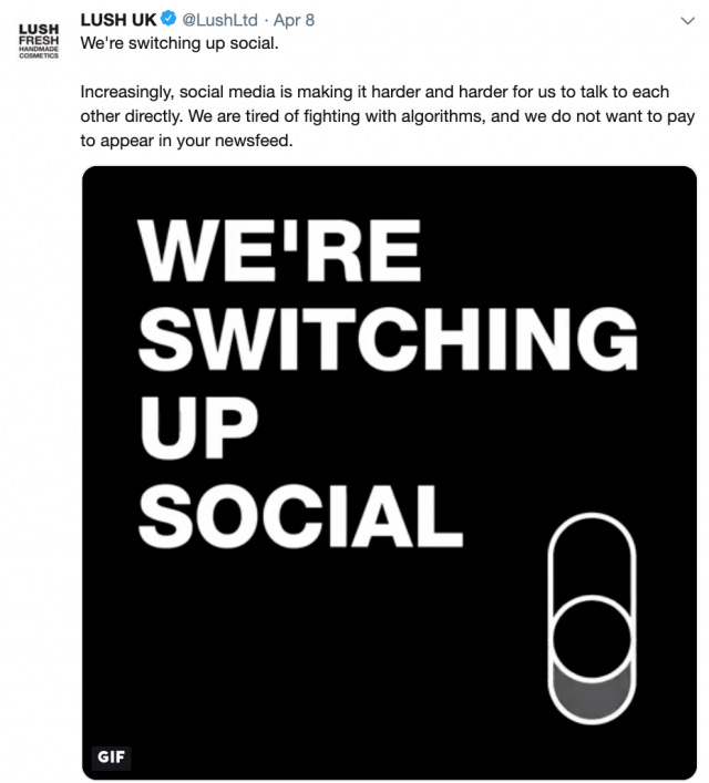 Lush's post announcing that they're quitting social media
