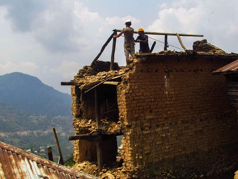 Pictures of life volunteering in disaster relief in Nepal. Tents in a courtyard, people sitting around reading books and playing games, standing on top of a damaged building, and buckets they used for washing.