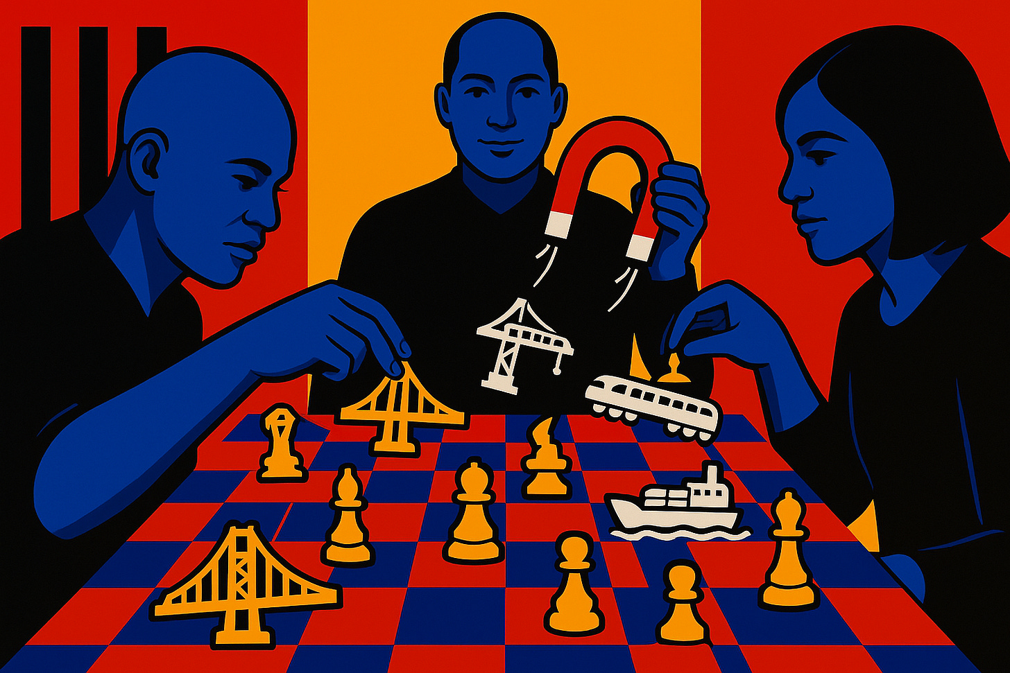 A chess game featuring industrial infrastucture. A third player is manipulating the game with a magnet.