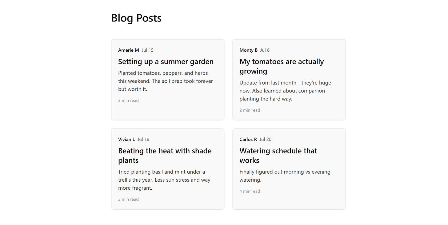 Screenshot showing blog post cards with titles, timestamps, and summaries.