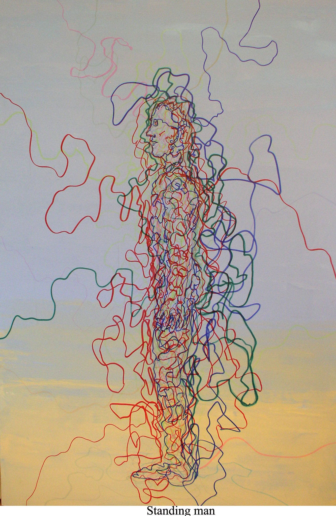 standing man in profile outlined in red, green, and blue lines of magic marker. Several lines extend from figure to edge of canvas.