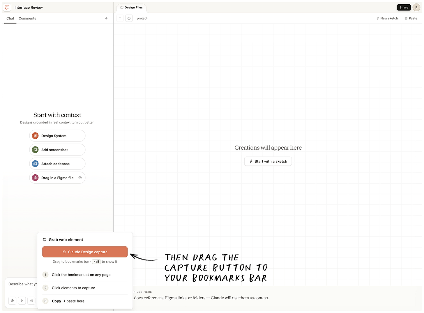 Claude Design Capture bookmarklet setup — drag the button to your bookmarks bar,   click on any web page, copy and paste back into the canvas.