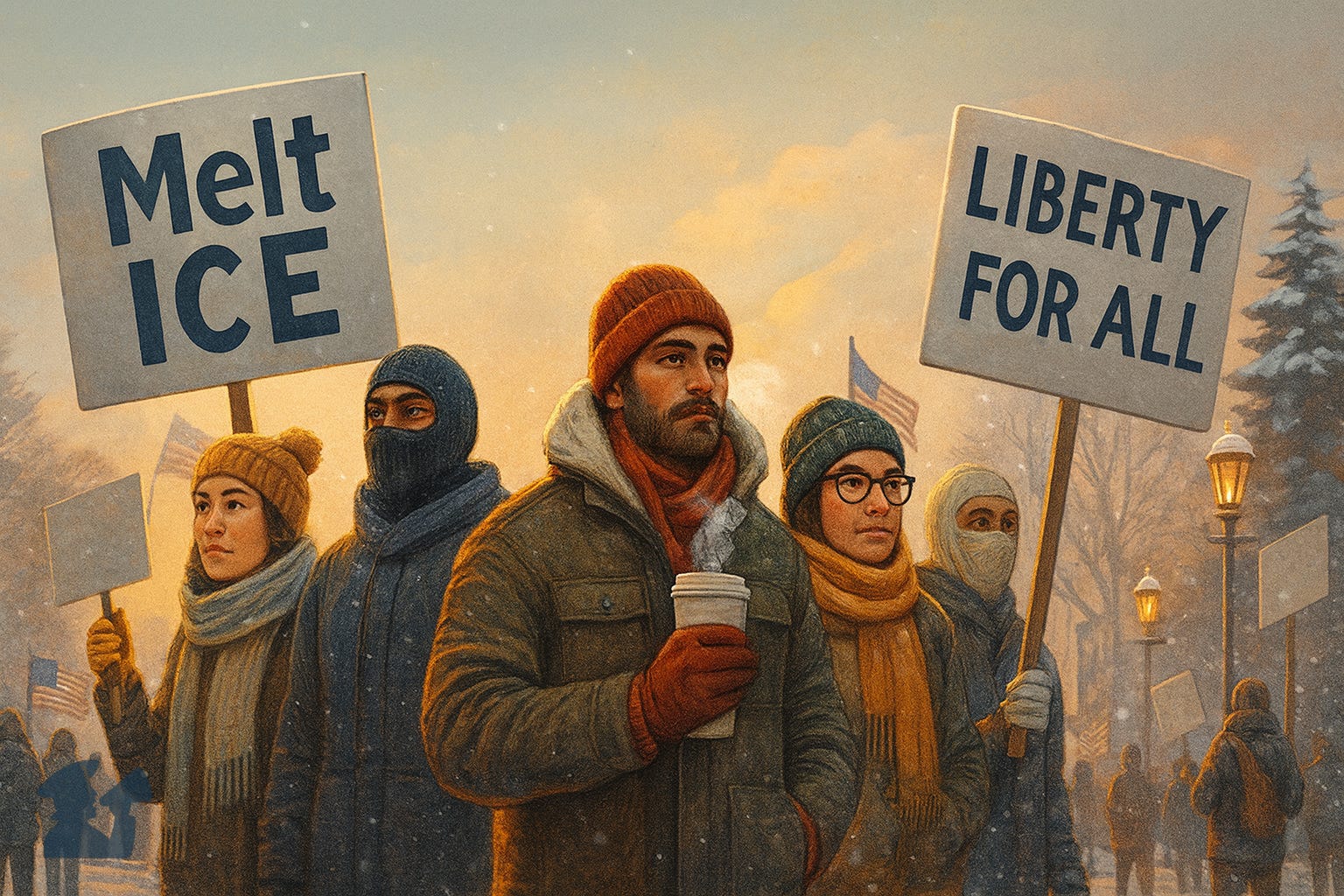 Illustration of protesters dressed in Winter clothing