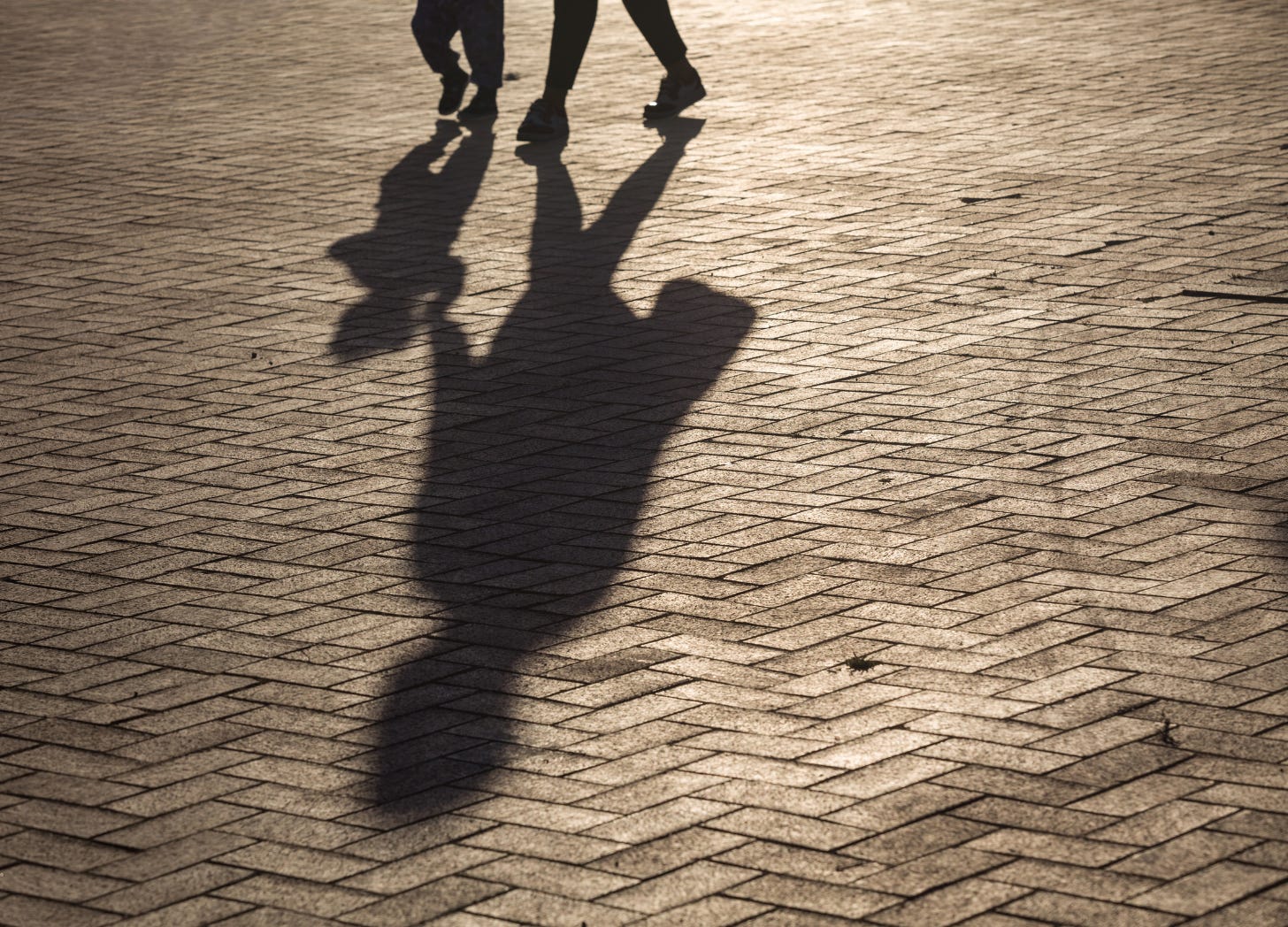The shadows of an adult and a child walking together, cast long across a sunlit brick path. The shadows of an adult and a child walking together, cast long across a sunlit brick path.