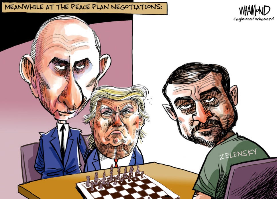 Editorial cartoon by Dave Whamond. "Meanwhile at the Peace Plan Negotiations" showing Zelensky playing against Putin and a puppet-sized Trump sitting on his lap. 