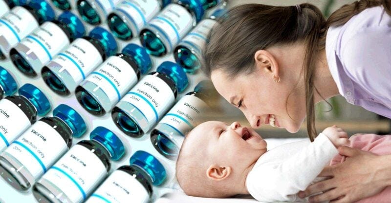 vaccines on left and a mom and baby on the right vaccines on left and a mom and baby on the right