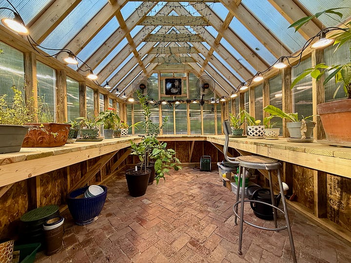 Mosaic of images showing features of a home-built greenhouse.