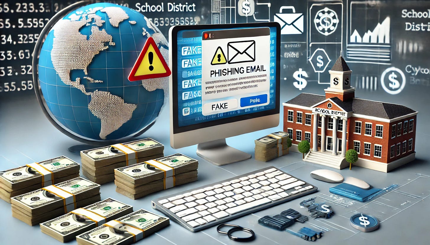 An image representing a financial fraud targeting a school district. The scene includes elements of a computer with fake emails, stacks of money being transferred between multiple banks, and a school building in the background. The computer screen displays a phishing email with a warning symbol. The mood should feel ominous, representing the financial loss and cyber fraud. Use a realistic and professional style.