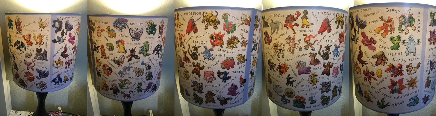 A lamp that Jolty's wife made for him, containing Pokémon he caught in its original games, plus their nicknames A lamp that Jolty's wife made for him, containing Pokémon he caught in its original games, plus their nicknames