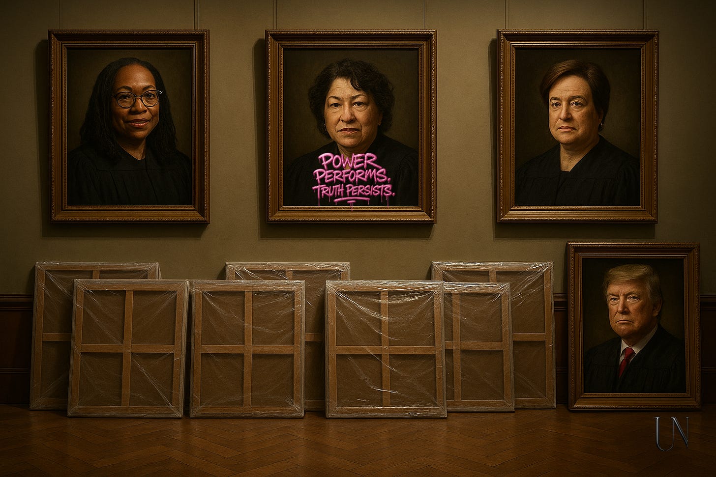 A museum-style gallery wall with three framed portraits of the liberal Supreme Court justices—Ketanji Brown Jackson, Sonia Sotomayor, and Elena Kagan—hanging side by side. Below them, six back-facing frames are wrapped in plastic. In the lower corner, a lone portrait of Donald Trump stares forward. Over Sotomayor’s portrait is graffiti-style text in chrome pink: Power Performs. Truth Persists. A museum-style gallery wall with three framed portraits of the liberal Supreme Court justices—Ketanji Brown Jackson, Sonia Sotomayor, and Elena Kagan—hanging side by side. Below them, six back-facing frames are wrapped in plastic. In the lower corner, a lone portrait of Donald Trump stares forward. Over Sotomayor’s portrait is graffiti-style text in chrome pink: Power Performs. Truth Persists.