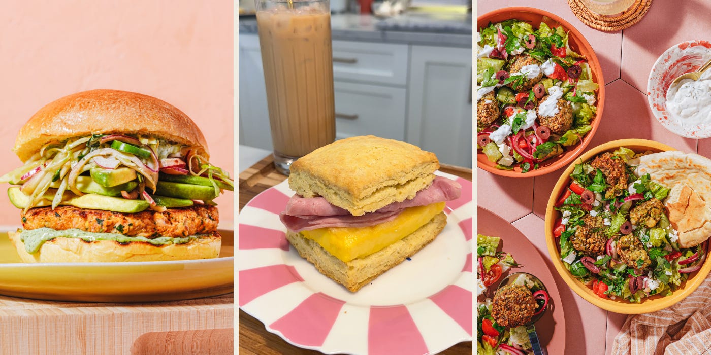 Collage of a Quick & Easy Salmon Burger with Creamy Cilantro Sauce, Sagaponack General Store-Inspired Breakfast Sandwich, and Falafel with Greek Salad.
