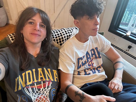 First photo: Andrea playing college basketball, Second Photo: Meg and Andrea sporting Caitlin Clark t-shirts, Third Photo: Meg and Andrea both holding basketballs 