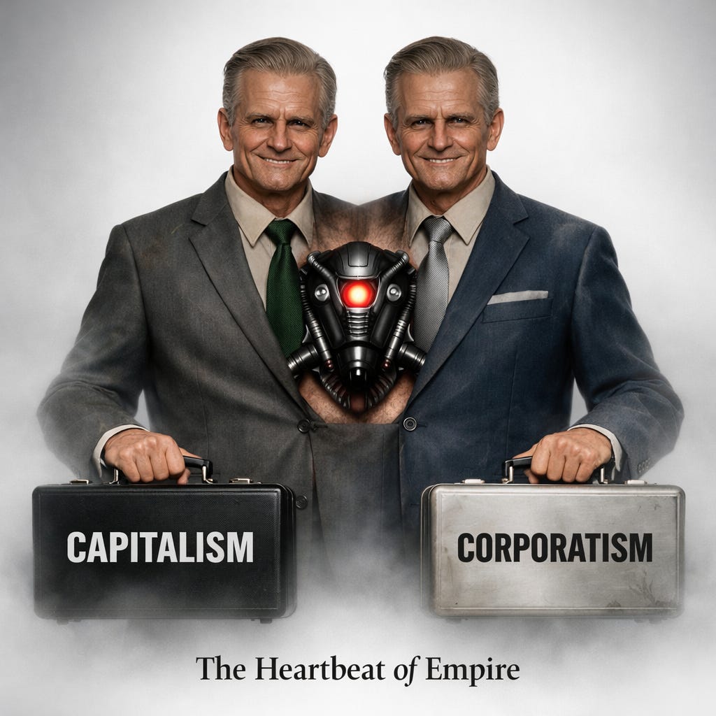 Aged conjoined mannequins holding CAPITALISM and CORPORATISM briefcases emerging from mist with caption 'The Heartbeat of Empire'