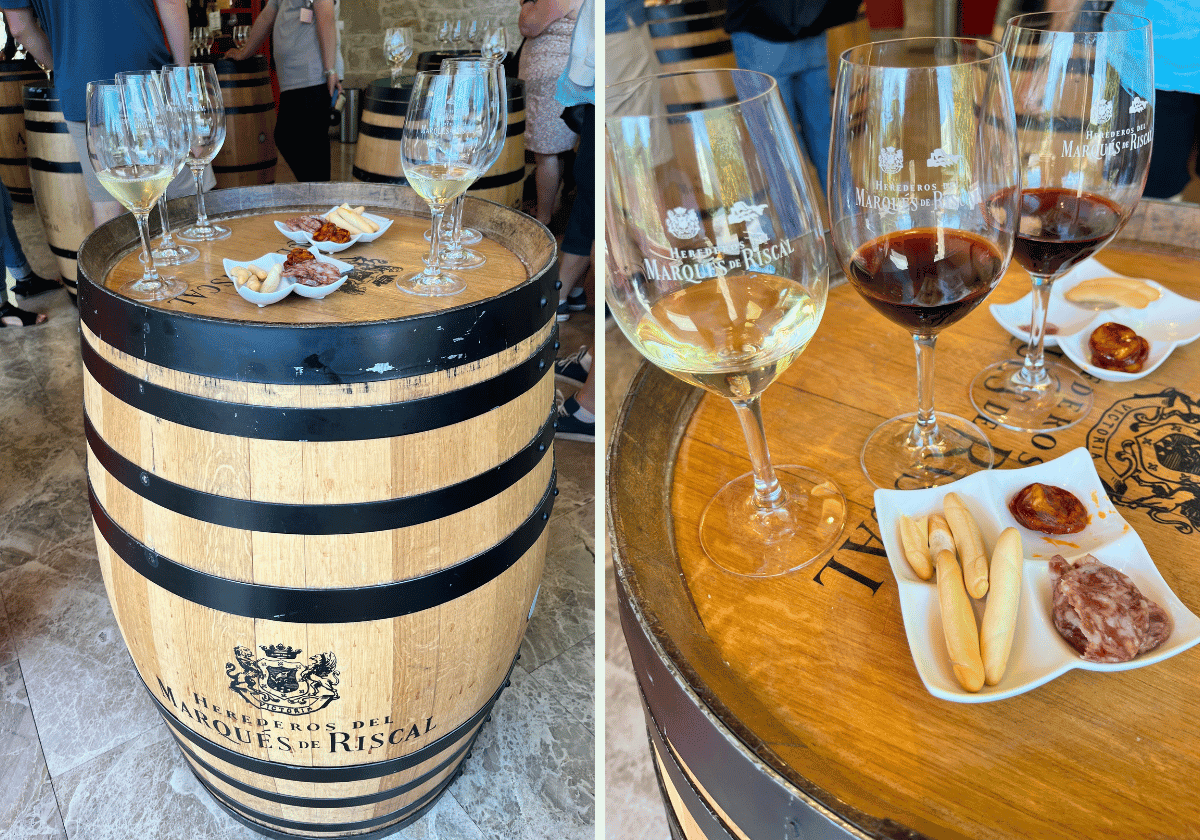 Wine glasses for tasting and nibbles at Marques de Riscal winery. Wine glasses for tasting and nibbles at Marques de Riscal winery.