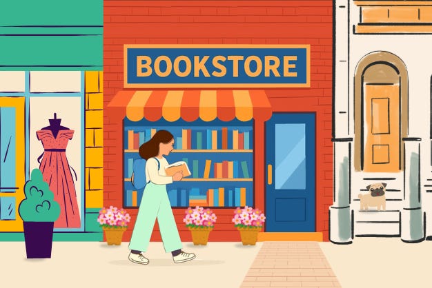 woman holding a book walking into a bookstore