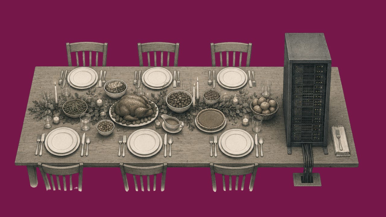 A Thanksgiving table set for six. A server rack sits at the head, cables running into the floor, with a napkin and fork laid at its place. A Thanksgiving table set for six. A server rack sits at the head, cables running into the floor, with a napkin and fork laid at its place.