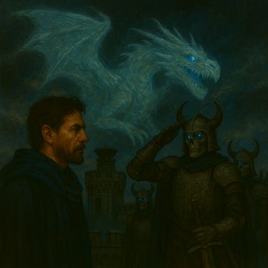 The spectral dragon Argynvost looms over the rooftop of Argynvostholt at dusk. His massive, translucent form glows with pale silver and ghostly blue light, wings spread wide and tail coiled around the cracked battlements. His noble draconic face is stern and sorrowful, eyes burning with ancient purpose. The rooftop is lined with broken stone, moss-covered crenellations, and the cold, unlit Beacon. The sky is a stormy violet, streaked with fading orange light, and mist curls around the dragon’s limbs. Below, the forest is dark and silent. The atmosphere is mythic, reverent, and filled with awe. The spectral dragon Argynvost looms over the rooftop of Argynvostholt at dusk. His massive, translucent form glows with pale silver and ghostly blue light, wings spread wide and tail coiled around the cracked battlements. His noble draconic face is stern and sorrowful, eyes burning with ancient purpose. The rooftop is lined with broken stone, moss-covered crenellations, and the cold, unlit Beacon. The sky is a stormy violet, streaked with fading orange light, and mist curls around the dragon’s limbs. Below, the forest is dark and silent. The atmosphere is mythic, reverent, and filled with awe.