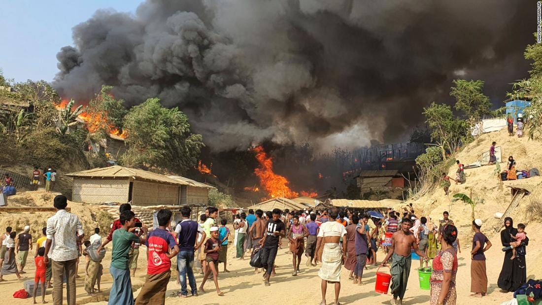 Flames engulf a Rohingya refugee camp in Cox&#39;s Bazar, Bagladesh on Monday. 