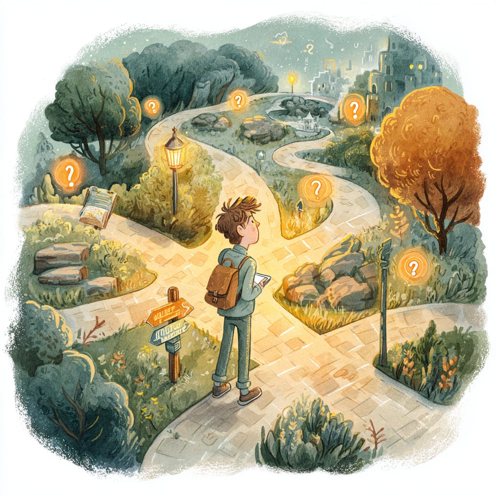 Ilustração de desenvolvedor em uma encruzilhada com múltiplos caminhos representando diferentes tarefas (refatoração, bugs, features), um caminho destacado brilhando mais que os outros