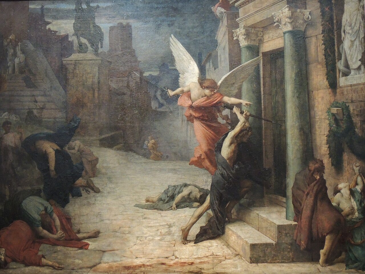 A winged angel in red points at a door while a dark figure strikes it with a spear, plague victims in the street
