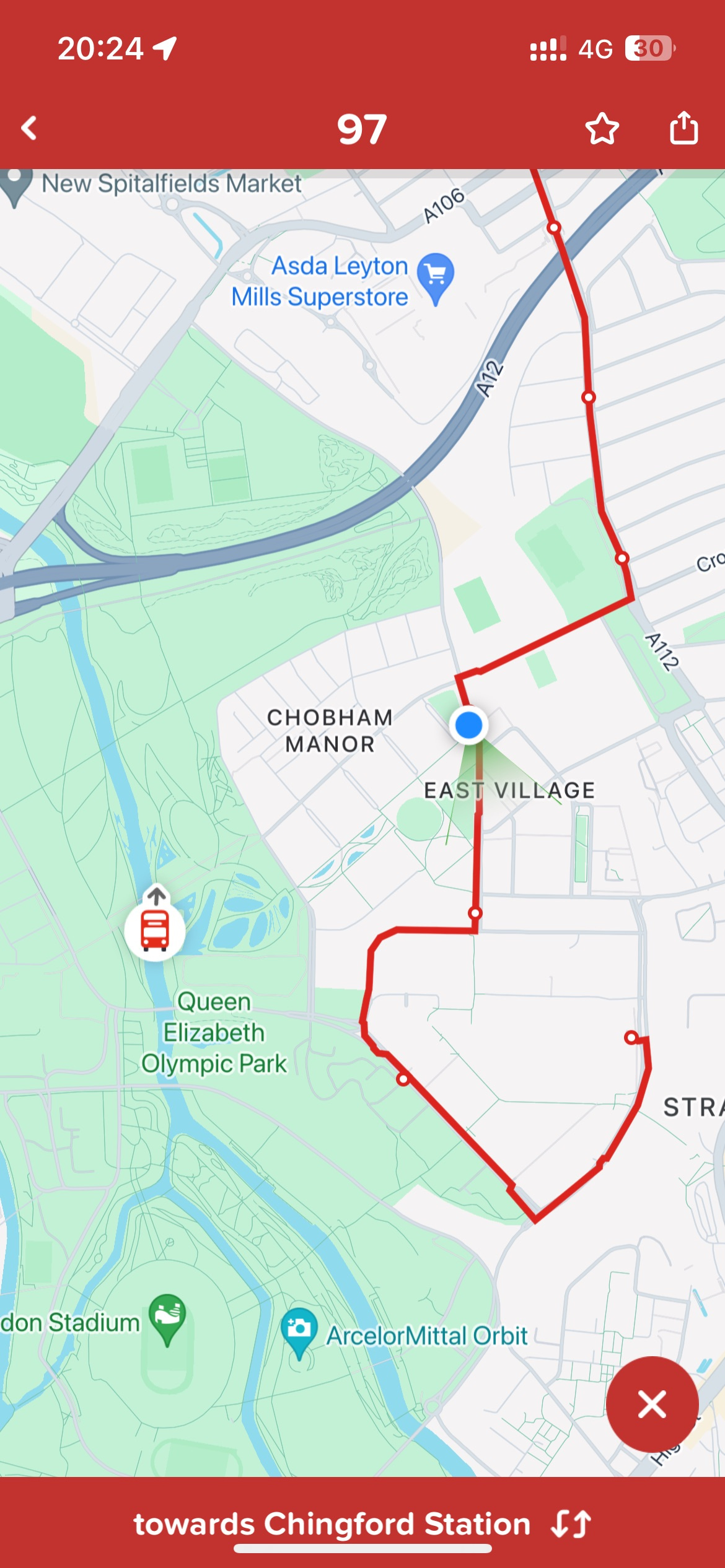 Screenshot of a CityMapper bus tracking map showing a bus tracking from a nearby river.