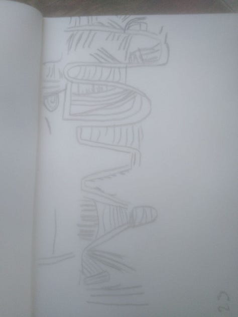 Pencil sketches of various figurines (Venus, animals), patterns, and animal teeth from Archeopark Pavlov