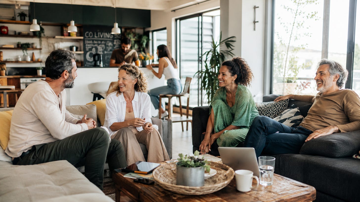 Coliving etiquette, image features a small group of people 45+ years old in a coliving space