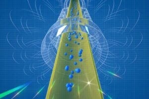 An artist's conceptual rendering of antihydrogen atoms falling out the bottom of the magnetic trap of the ALPHA-g apparatus. As the antihydrogen atoms escape, they touch the chamber walls and annihilate. Most of the annihilations occur beneath the chamber, showing that gravity is pulling the antihydrogen down. The rotating magnetic field lines in the animation represent the invisible influence of the magnetic field on the antihydrogen. The magnetic field does not rotate in the actual experiment.