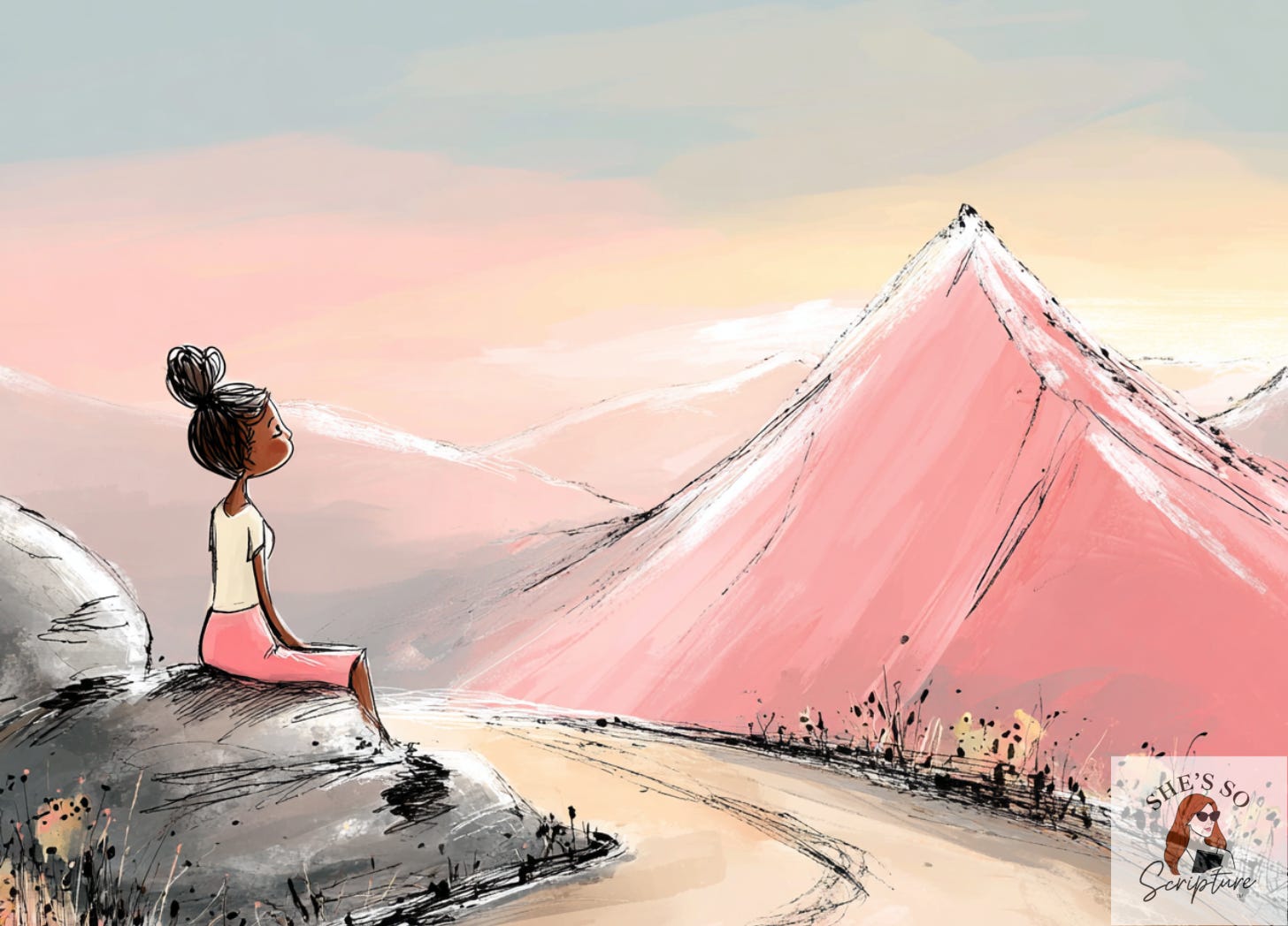 Illustration of a woman sitting quietly on a mountain path at dawn, symbolizing spiritual preparation, stillness, and approaching God with reverence.