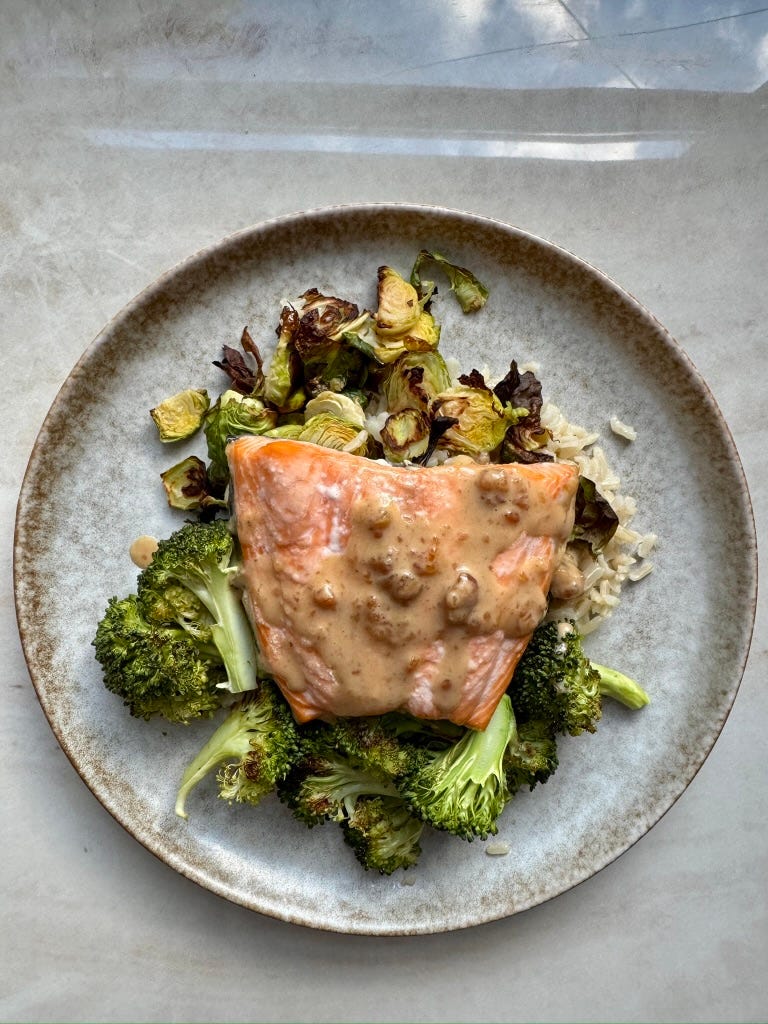 date balsamic salmon with roasted broccoli and brussels with brown rice