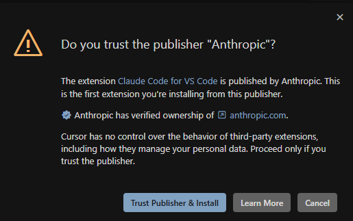 VS Code security prompt asking whether to trust the publisher Anthropic when installing the Claude Code extension, with options to trust and install or cancel