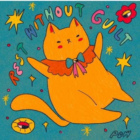 This may contain: an orange cat with stars and confetti on it's chest is saying without guilt